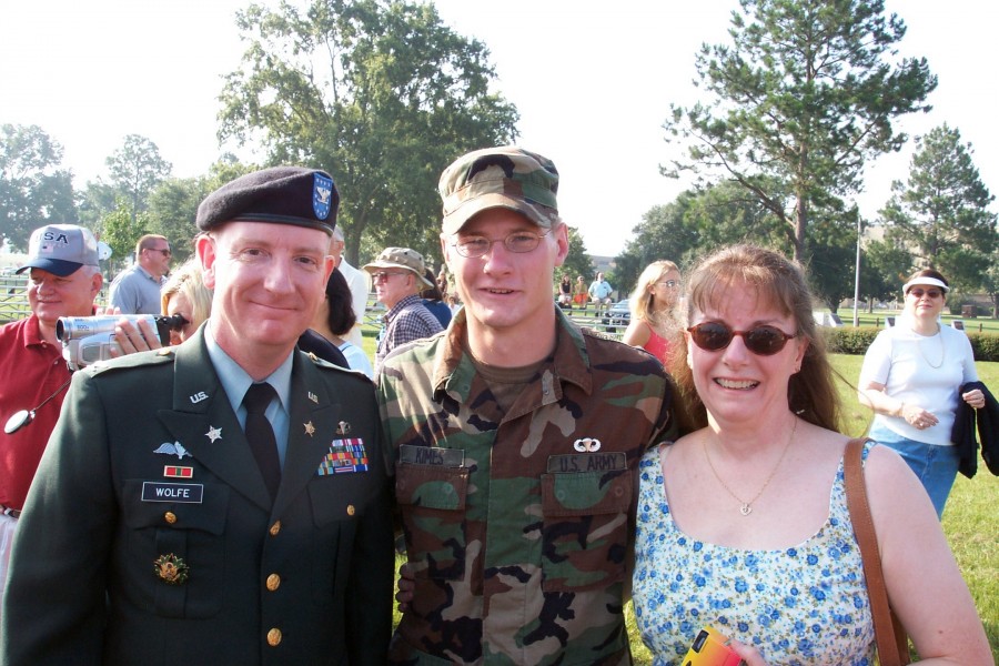 Nephew Andrew Kimes graduated from the Basic Parachutists Course at Fort Benning in the summer of 2003.  From left, me, Andy and Andy's mom and my sister, B.J.